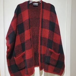 Red and Black Plaid Open Cardigan
